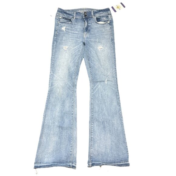 AEO Artist Flare Jeans Stretch Hi-Rise Distressed Lt Wash Cowgirl Indie Sleaze 8 - Picture 1 of 16